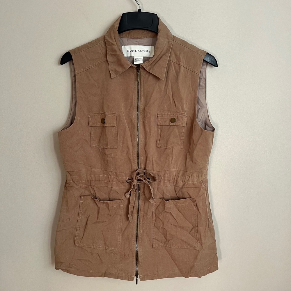 Women Drawstring Waist Full Zip Utility Safari Vest Tan Women L Cargo Military